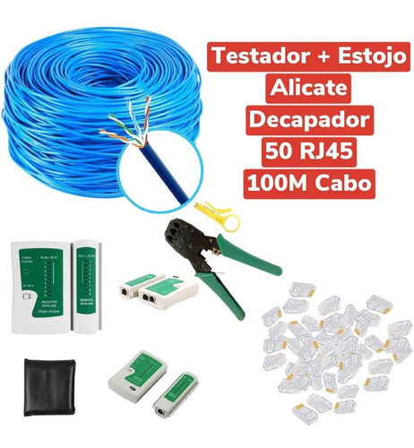 Kit 100m Cabo Rede + Testador + Alicate + 50 Plugs Rj45
