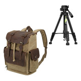 Mochila Camara Khaki Cuero Marron Impermeable + Tripode