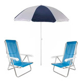 Kit 2 Cadeira Reclinável Azul Guarda Sol Praia Piscina Mor