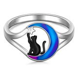 Anillo Gato Para Mujer Plata 925 Con Media Luna Negra Gato S