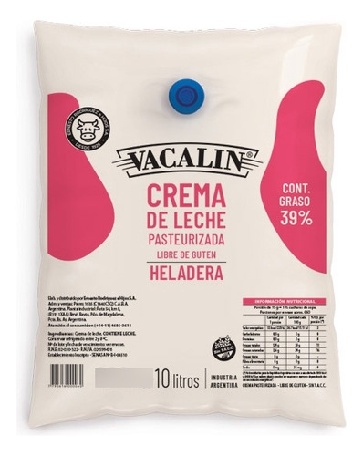 Crema De Leche Heladera Vacalín Sachet X 10 Lts Al 39% 