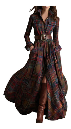 Vestido Suave Para Mujer, A Cuadros, De Manga Larga, Irregul