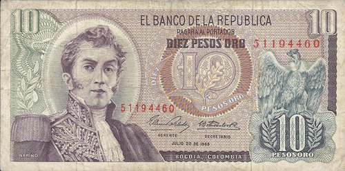 Colombia 10 Pesos Oro  20 De Julio 1965