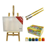 Kit De Pintura Para Criança Tela +cavalete 2 Pincel 6 Guache