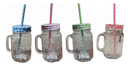 4 Tarros Mason Jar Con Tapa Y Popote Vintage Grabado Vidrio 