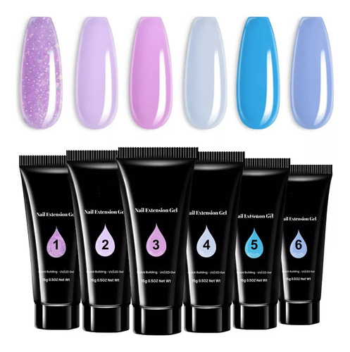 Kit 6 Polygel Moldeable Extension Uñas Postizas Glitter F Color Azules / Morados / Rosas