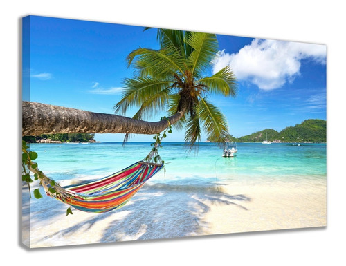 Quadro Tela Grande Decorativo Praia Mar Rede Para Sala Cor Preto Cor Da Armação Borda Infinita