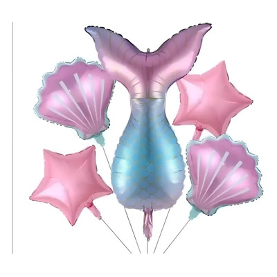 Set De 5 Globos Metálicos Cola De Sirena Estrellas Conchas Color Cola Rosa | MercadoLibre