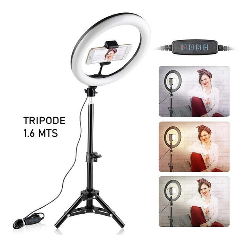 Aro Luz Led 26cm Trípode Celular Selfie Usb Color Negro