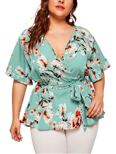 Camiseta Floral Con Escote En V Y Cinturilla Para Gordita