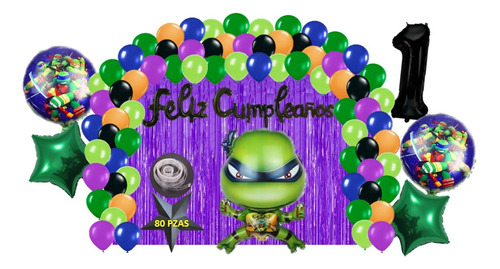 Kit Decoracion Fiesta Cumpleaños Globos Tortugas Ninja 80 Pz