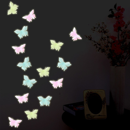 6 Mariposas Stickers Pared Neon Fosforescente Brilla Noche Color Surtido