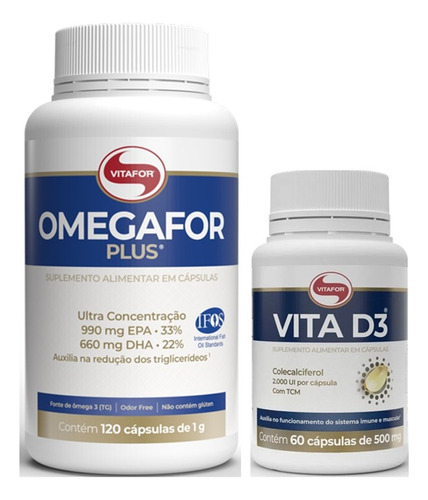 Kit 1 Omegafor Plus 120 Cps + 1 Vitamina D3 60 Cps Vitafor 