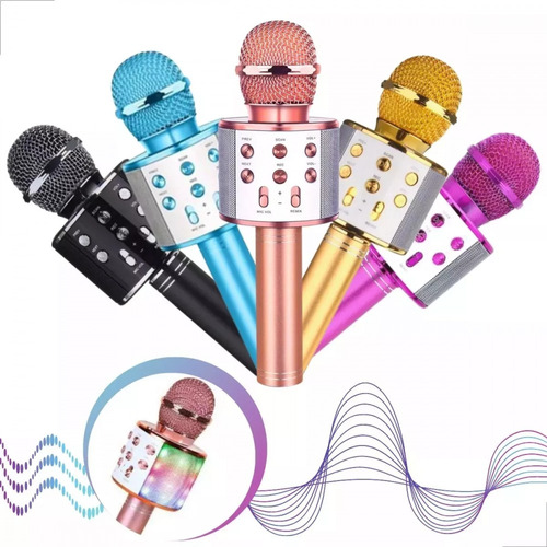 Microfone Karaokê Sem Fio Bluetooth Luz Led Anima Festa