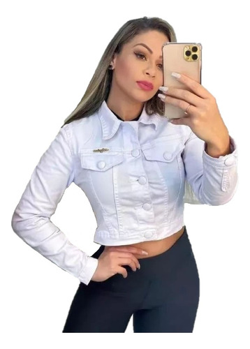 Jaqueta Jeans Feminina Curta Branca Com Botão Encapado Tam P