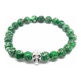 Pulseira Masculina Jaspe Verde Caveira Banhada A Ouro Branco