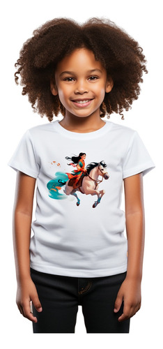 Camiseta Infantil Menina B1 Mulan E Cavalo Correndo Desenho