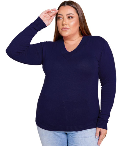 Blusa De Frio Trico Basica Decote V Plus Size Gg Manga Longa