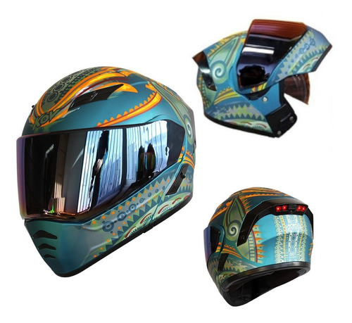 Casco Moto Kov Estelar Peek Azul Verde Abatible Con Luz Led Tamaño Del Casco L