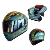 Casco Moto Kov Estelar Peek Azul Verde Abatible Con Luz Led Tamaño Del Casco L