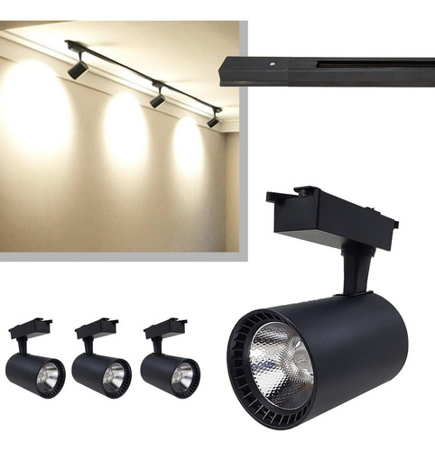 Trilho Spot Eletrificado Preto 1m + 3 Spots Led 10w 3000k