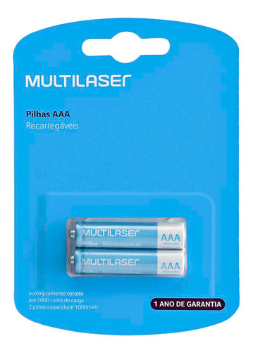 2 Pilhas Aaa 1000mah Recarregável Multilaser 1 Cartela