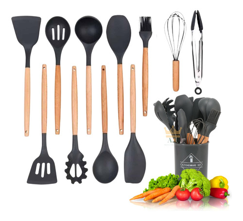 Set Utensilios Cocina Mango Silicona Y Madera Repostería