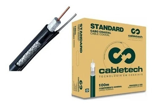 Cabo Coaxial Rg6 Com Mensageiro 100 Metros Preto Cabletech