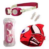 Antiparras Rosa Y Blanco + Gorro Silicona Estampado+ Estuche Color Pez Rojo