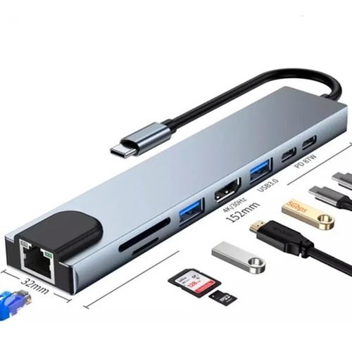 Adaptador Multi-puerto Usb Tipo C Dock Hub A Hdmi Lan 8 En 1