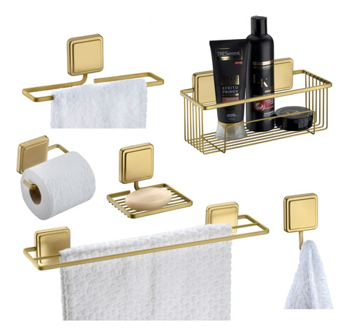 Kit Acessórios De Banheiro 6 Peças Gancho Adesivo Dourado