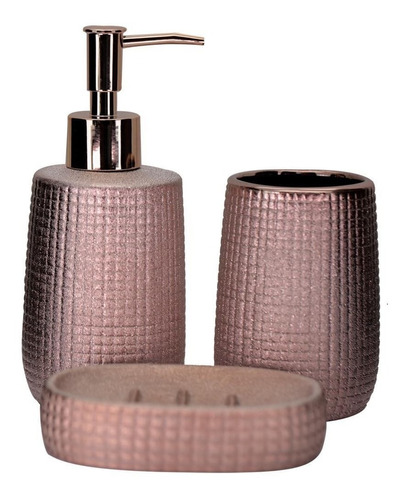 Jogo De Banheiro Porcelana Rose Gold Brilho Dispenser 3pçs