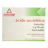 Ácido Ascórbico Solución 1g/10ml Inyectable 6 Ampolletas Sabor N/a