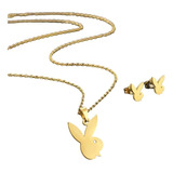 Juego Aretes Collar Conejo Playboy Accesorio Joyeria Mujer