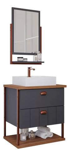 Conjunto Gabinete Para Banheiro Uni Com Espelheira 60cm Mgm Móvel Cinza-escuro