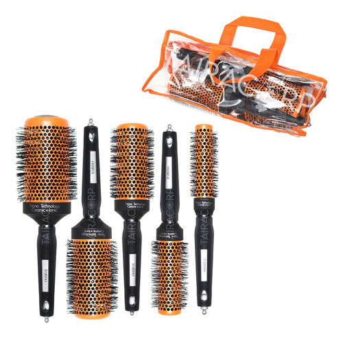 Kit 5 Escovas Cabelo Vazadas Térmica Profissional Com Bolsa Cor Laranja