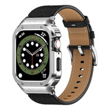 Malla Y Funda Cuero Negro/plateado P/apple Watch 45mm 9/8/7