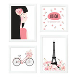 Kit Quadros Menina Paris Torre Eiffel Bicicleta Floral Nome