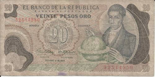 Colombia 20 Pesos Oro 12 De Octubre 1966