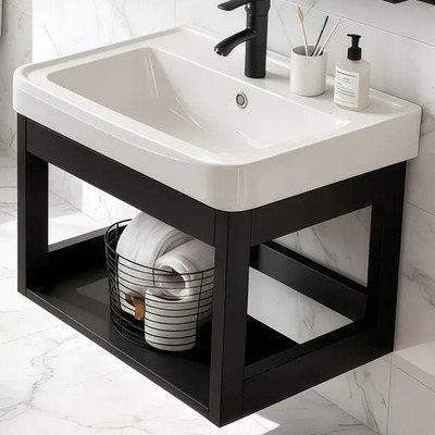 Vivanido Lavabo Para Baño Cerámica Pared Con Estantería Y Espejo Grifo Kit, Lavabo Rectangular Moderno Combo De... Blanco Brillante