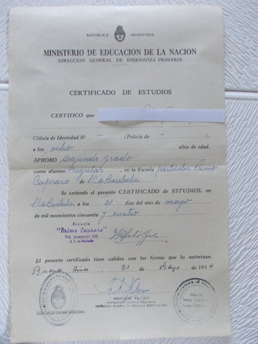 6921- Certificado Usado Estudios Bariloche Año 1954