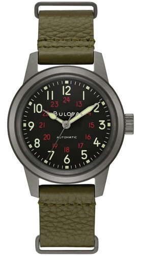 Relógio Automático Masculino Bulova Classic 98a255, Cor De Malha, Verde Militar, Cor Do Bisel, Cor De Fundo Prateada, Cor De Fundo: Preto