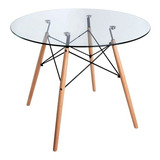 Mesa De Vidrio Redonda 100 Cm Eames Base Madera