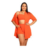 Conjunto Saida Praia Liso 3 Peças Short + Cropped + Kimono