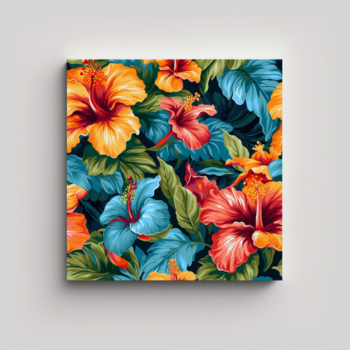 Cuadro De Hibiscus En Estilo Óleo 40x40cm Bastidor Madera