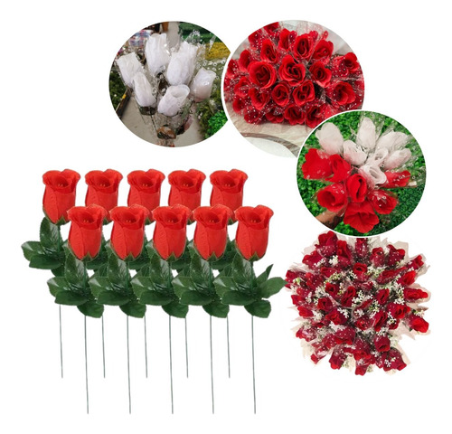 Rosas Botao Kit 200 Un Artificial Branco Vermelho Atacado