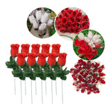 Rosas Botao Kit 100 Un Artificial Branco Vermelho Atacado