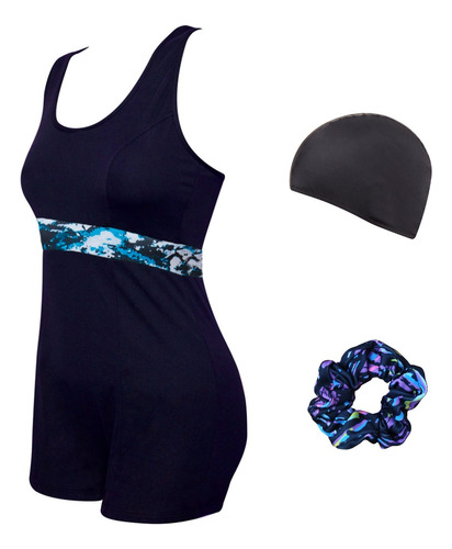 Malla Natacion Mujer Short Pierna Resistente Cloro Con Gorro