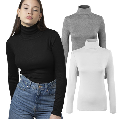 Pack X3 Remera Dama Mujer Cuello Alto Básica Manga Larga