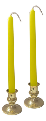 2 Pack Vela Amarilla Larga 25.5cm Con Candelabro Dorado